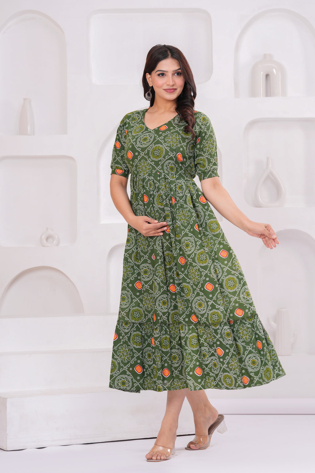Clothycorp Olive Green Printed Maternity Midi Dress for Women