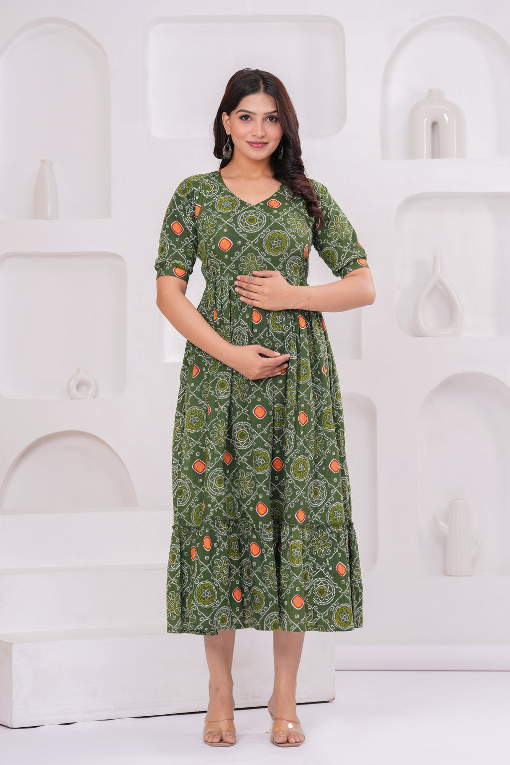 Clothycorp Olive Green Printed Maternity Midi Dress for Women