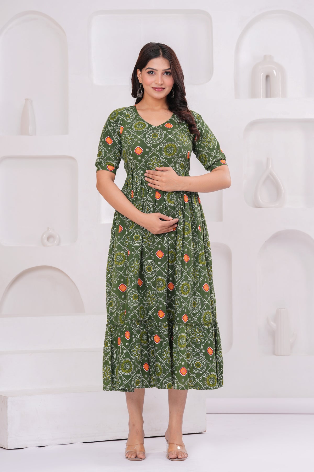 Clothycorp Olive Green Printed Maternity Midi Dress for Women