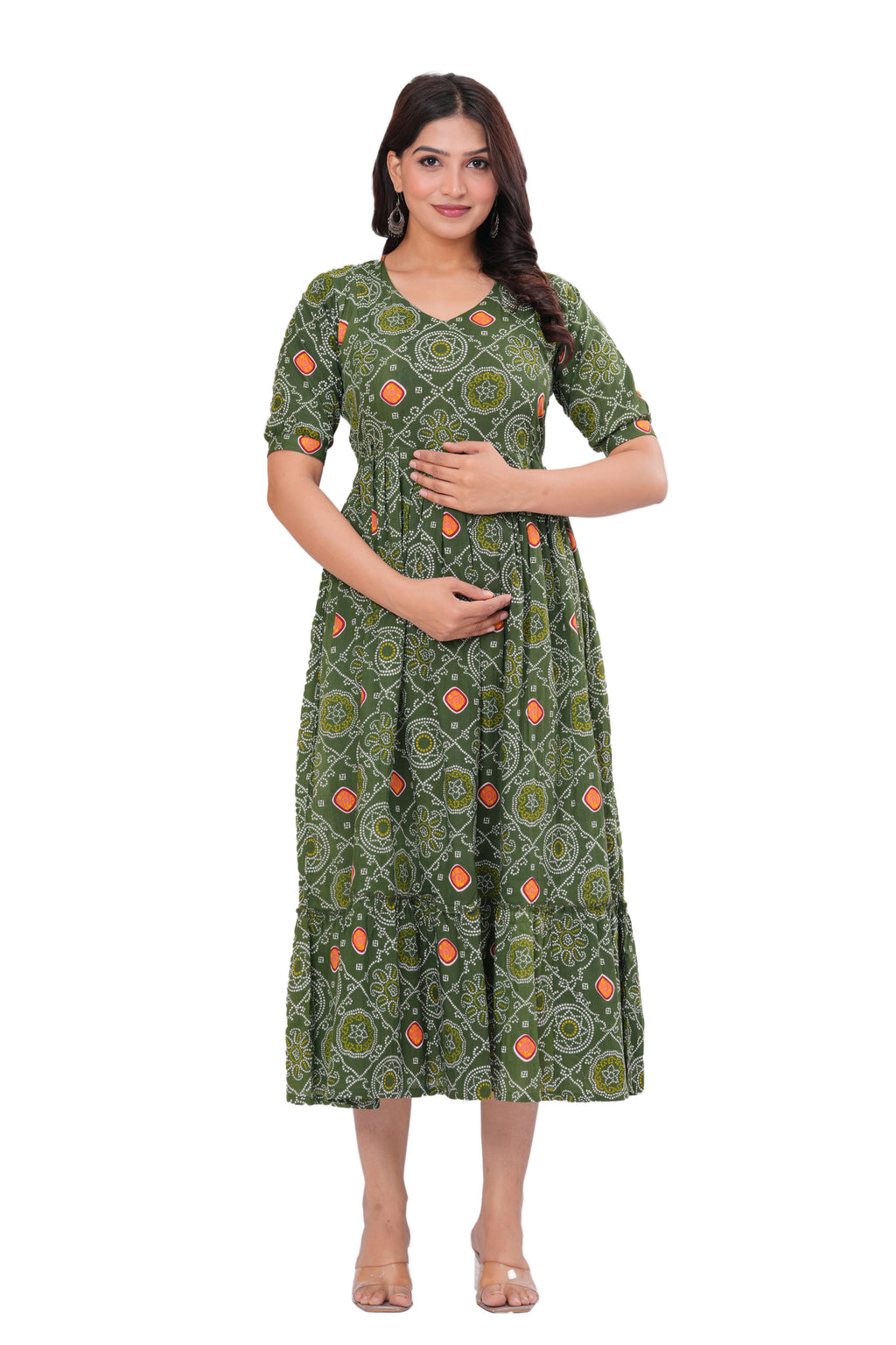 Clothycorp Olive Green Printed Maternity Midi Dress for Women