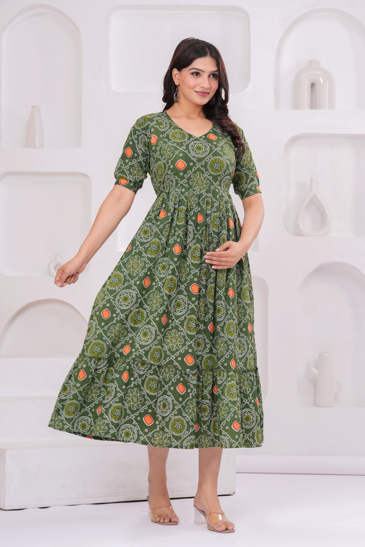 Clothycorp Olive Green Printed Maternity Midi Dress for Women