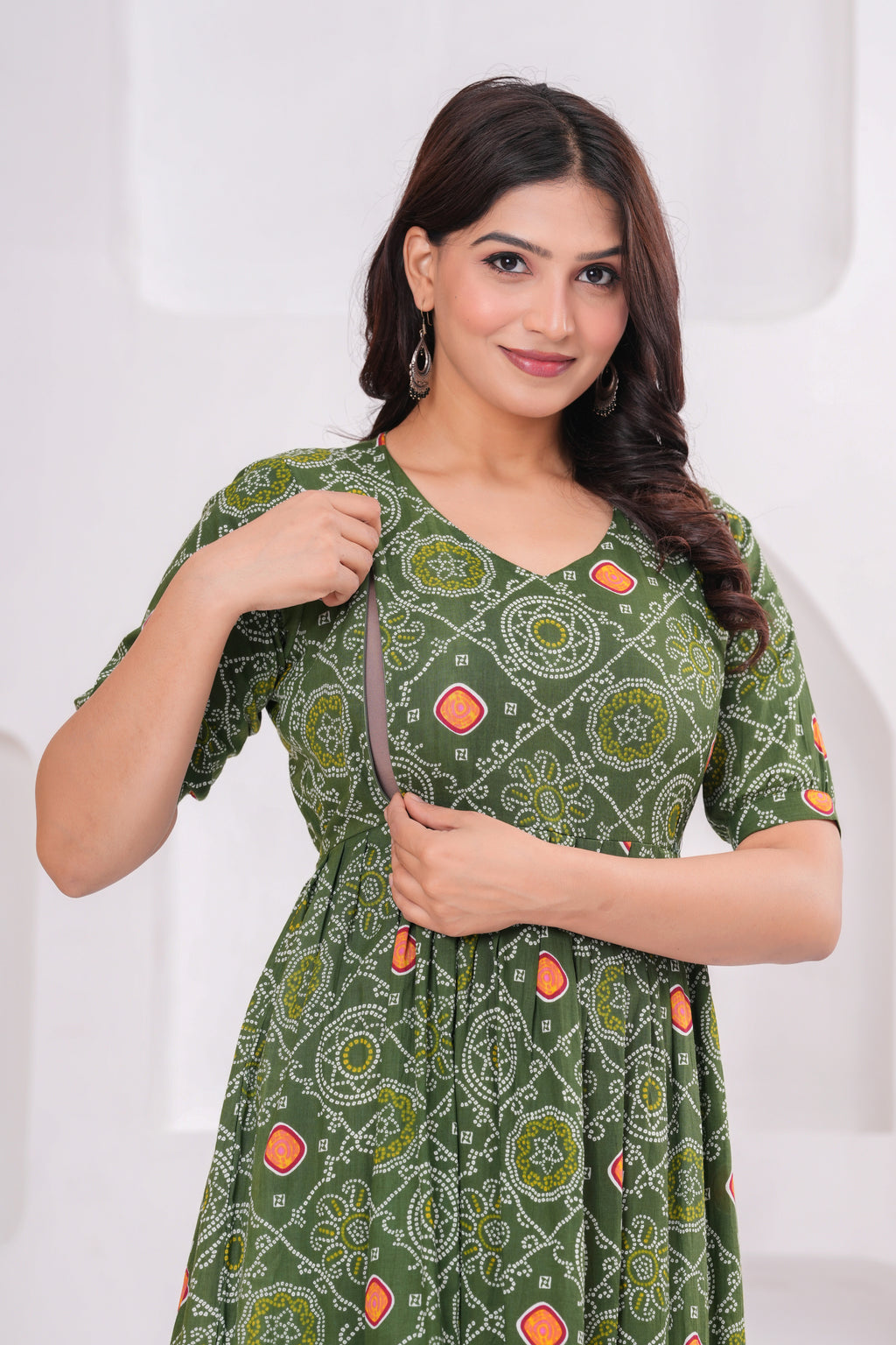 Clothycorp Olive Green Printed Maternity Midi Dress for Women