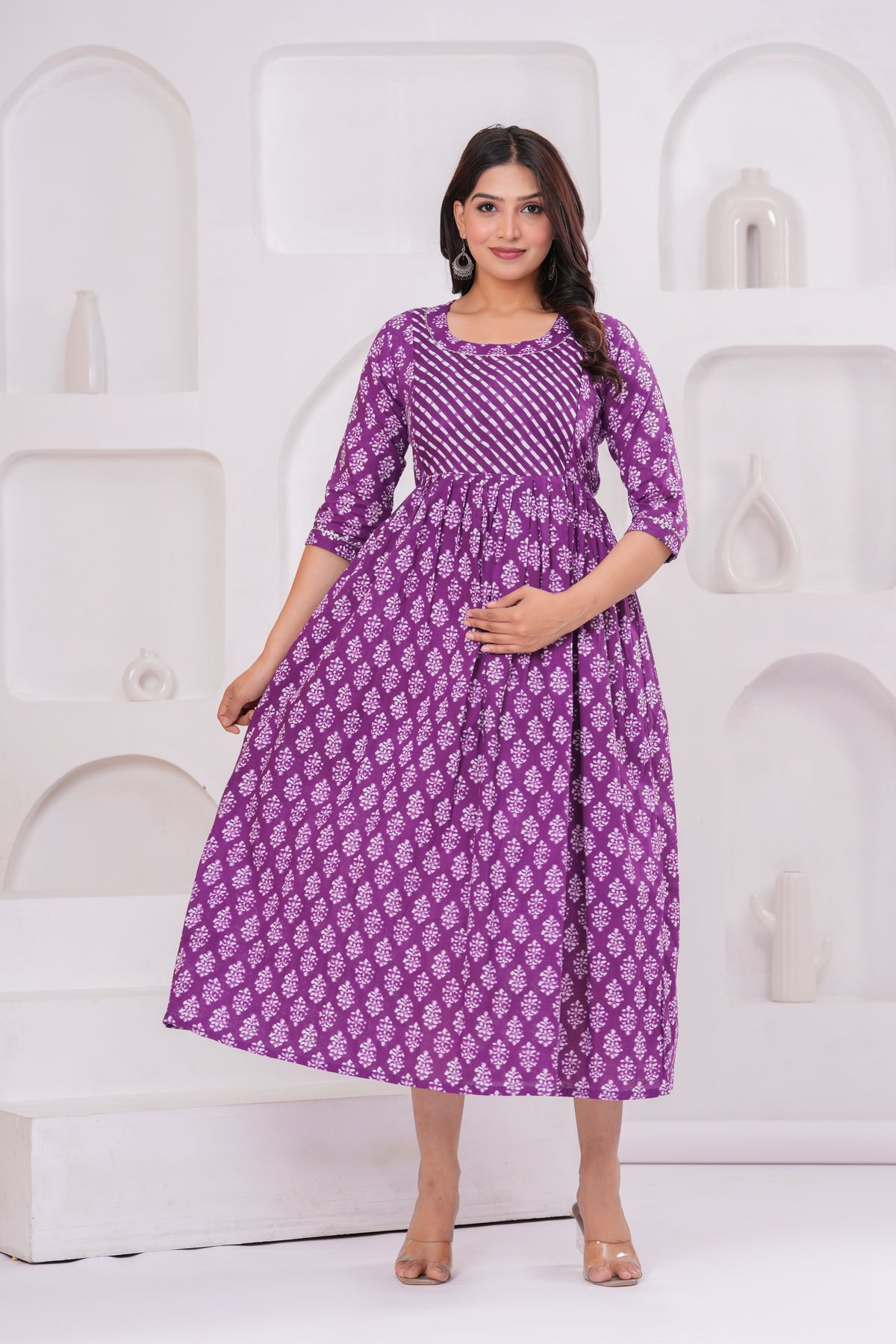 Clothycorp Purple Printed Maternity Midi Dress for Women