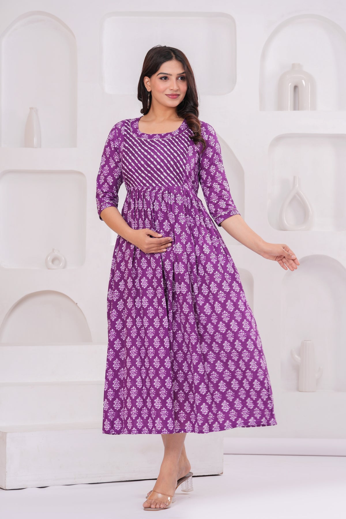 Clothycorp Purple Printed Maternity Midi Dress for Women