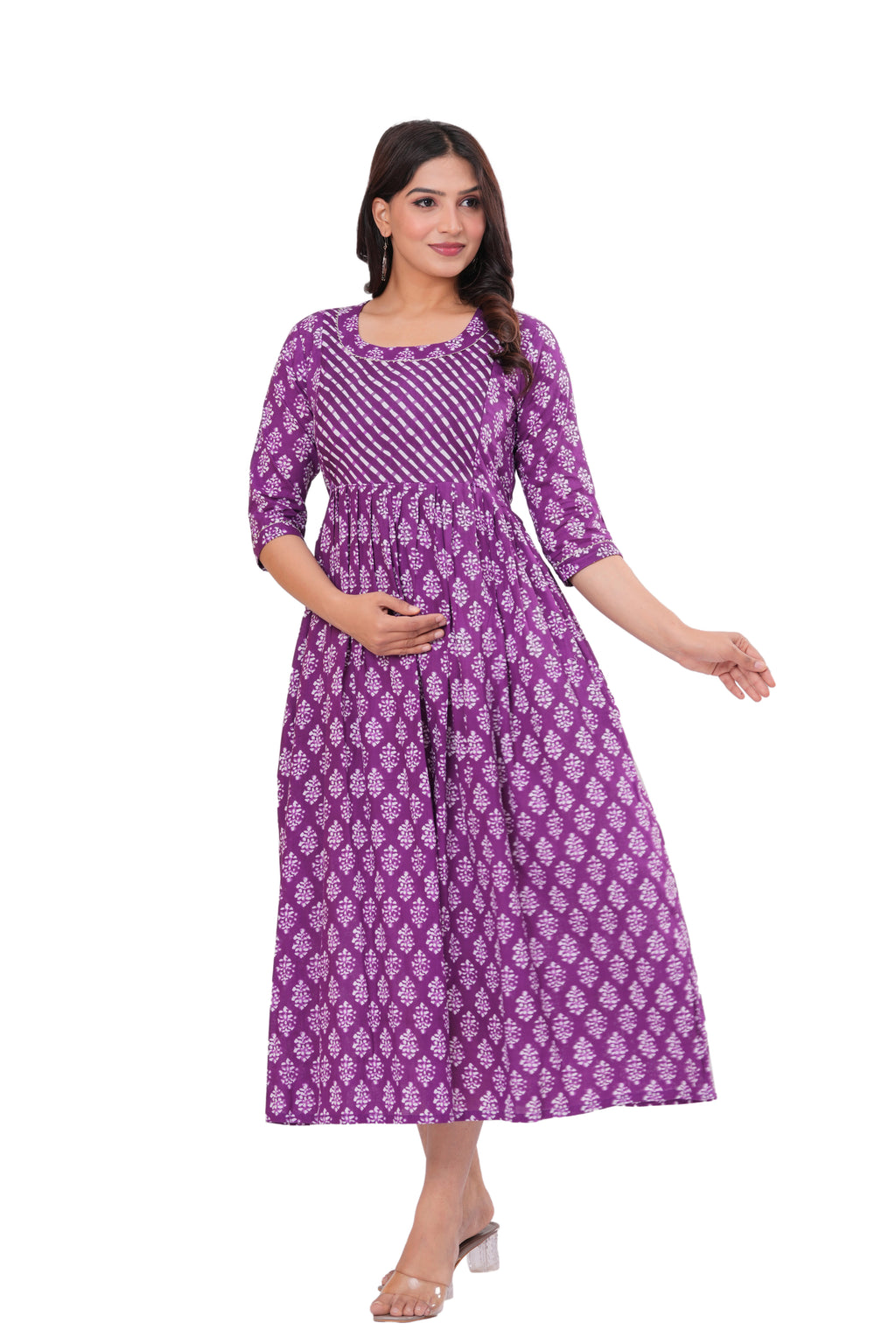 Clothycorp Purple Printed Maternity Midi Dress for Women