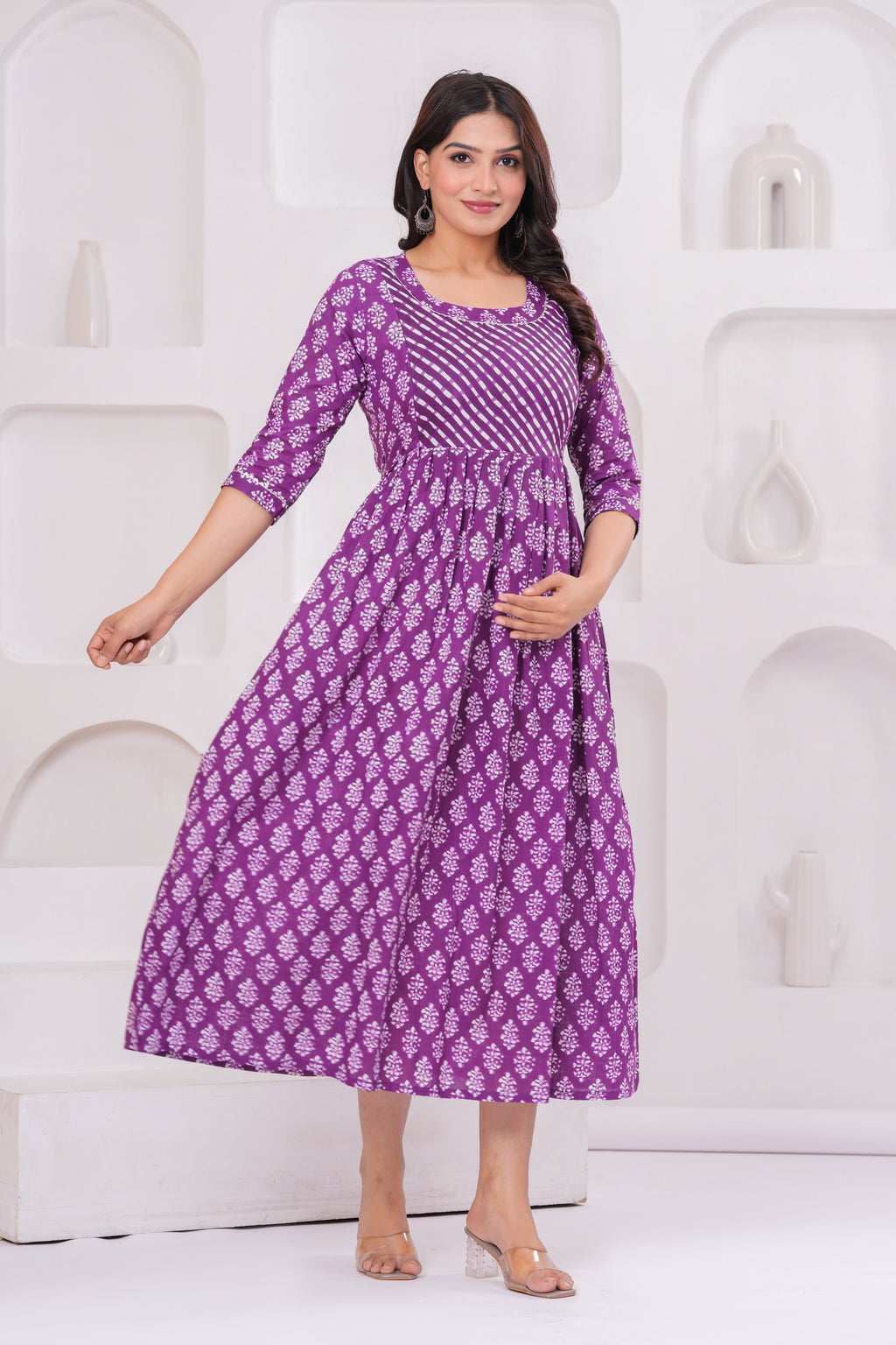 Clothycorp Purple Printed Maternity Midi Dress for Women
