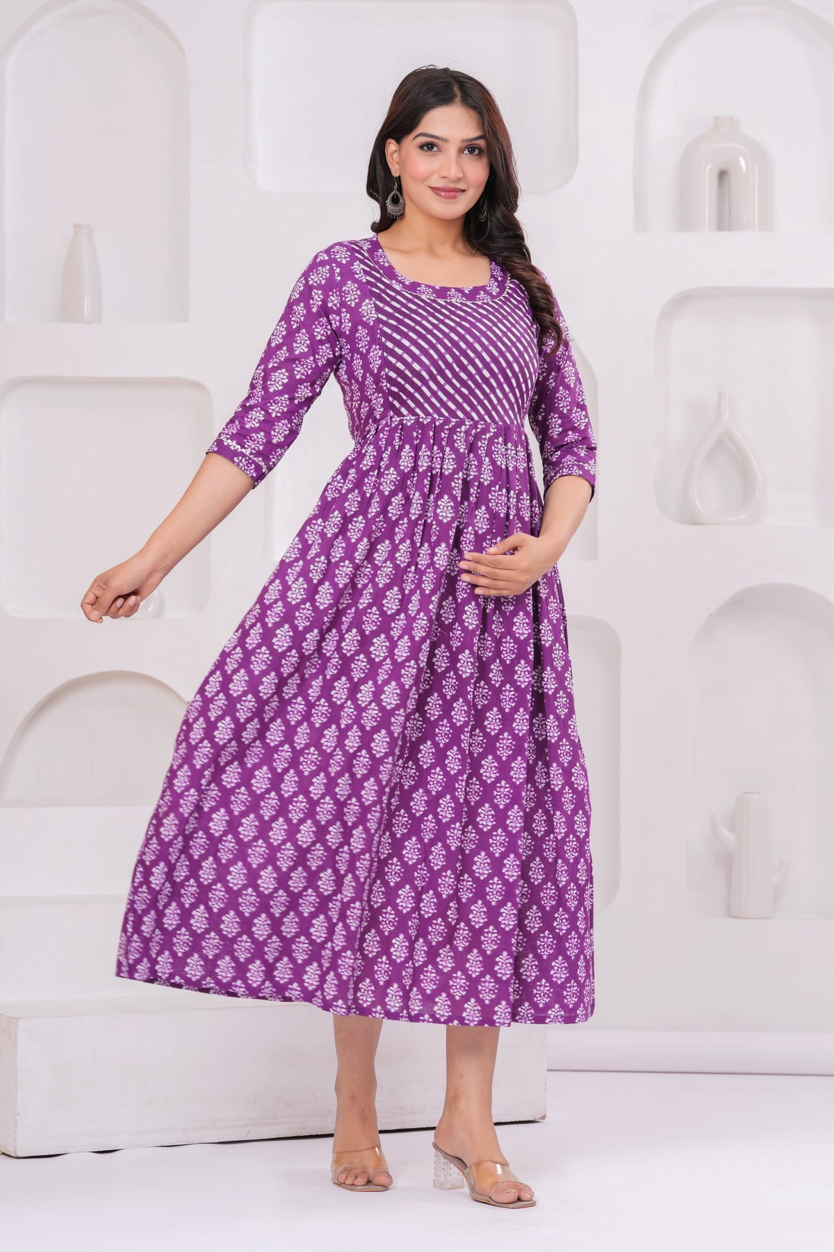 Clothycorp Purple Printed Maternity Midi Dress for Women