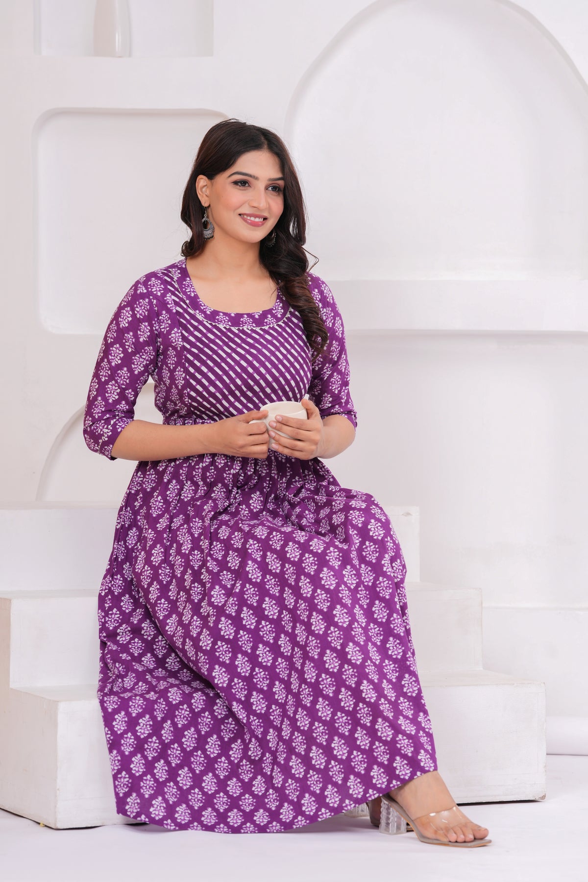 Clothycorp Purple Printed Maternity Midi Dress for Women