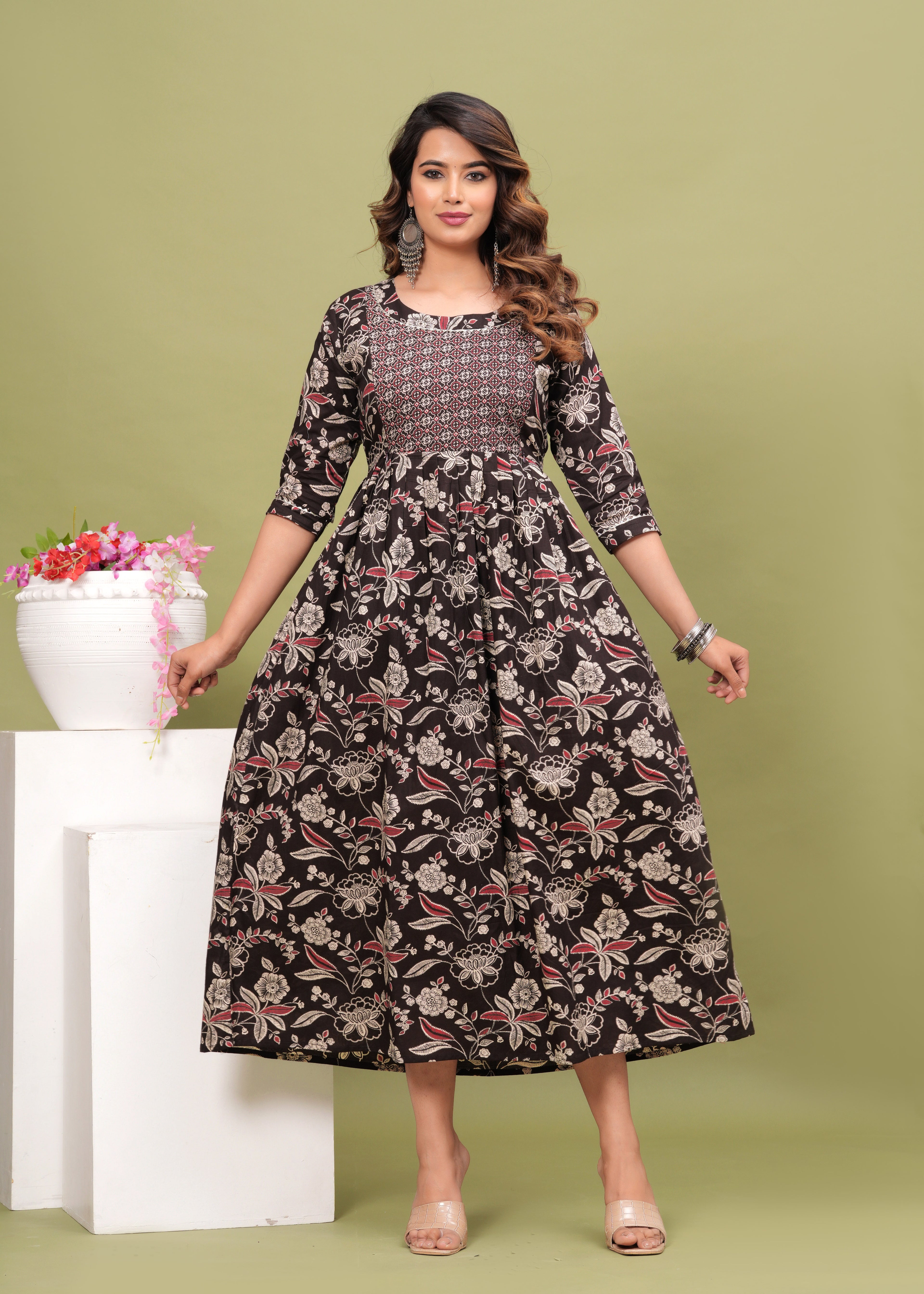 Printed Cotton Maternity & Feeding Long Dress