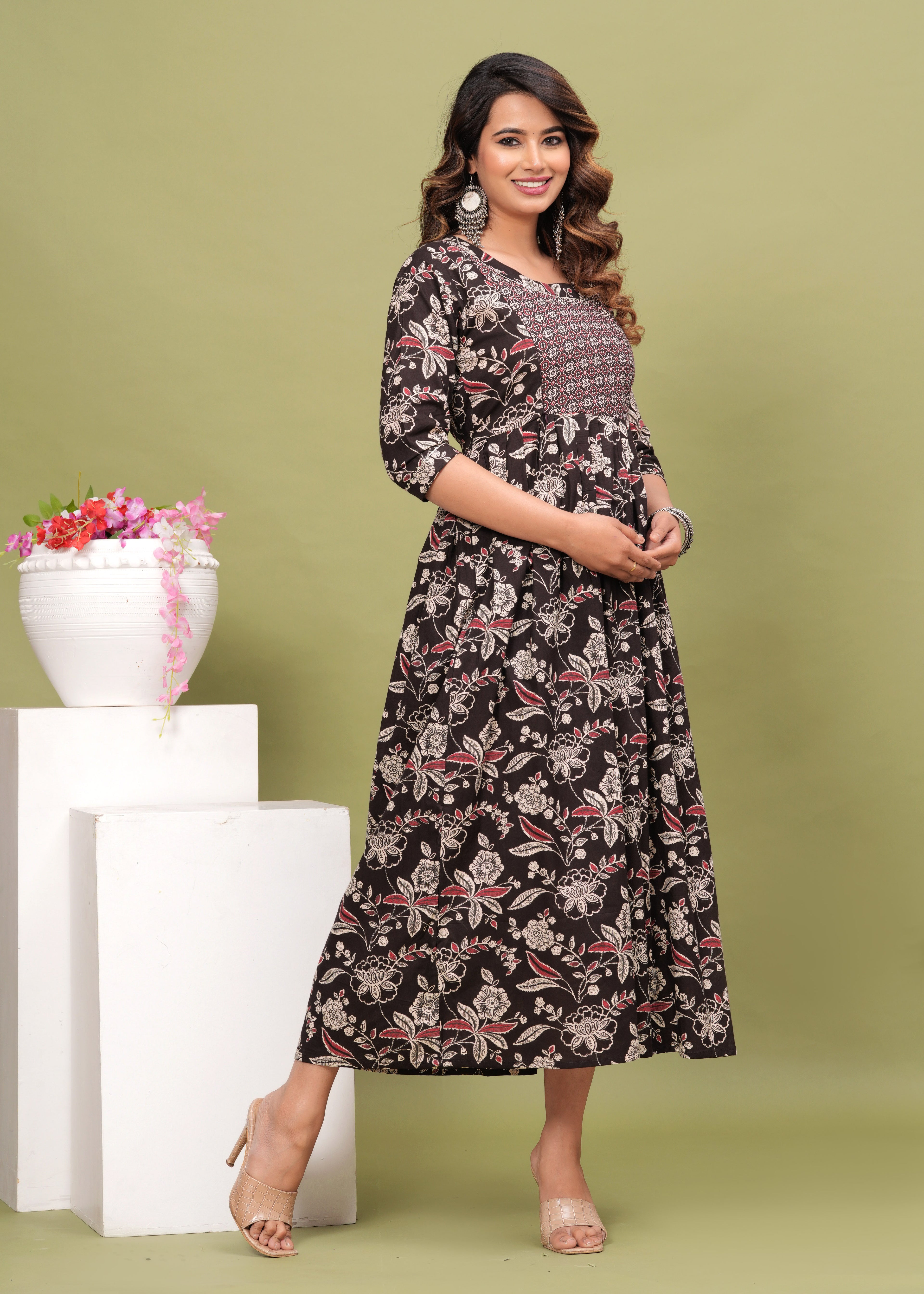 Printed Cotton Maternity & Feeding Long Dress