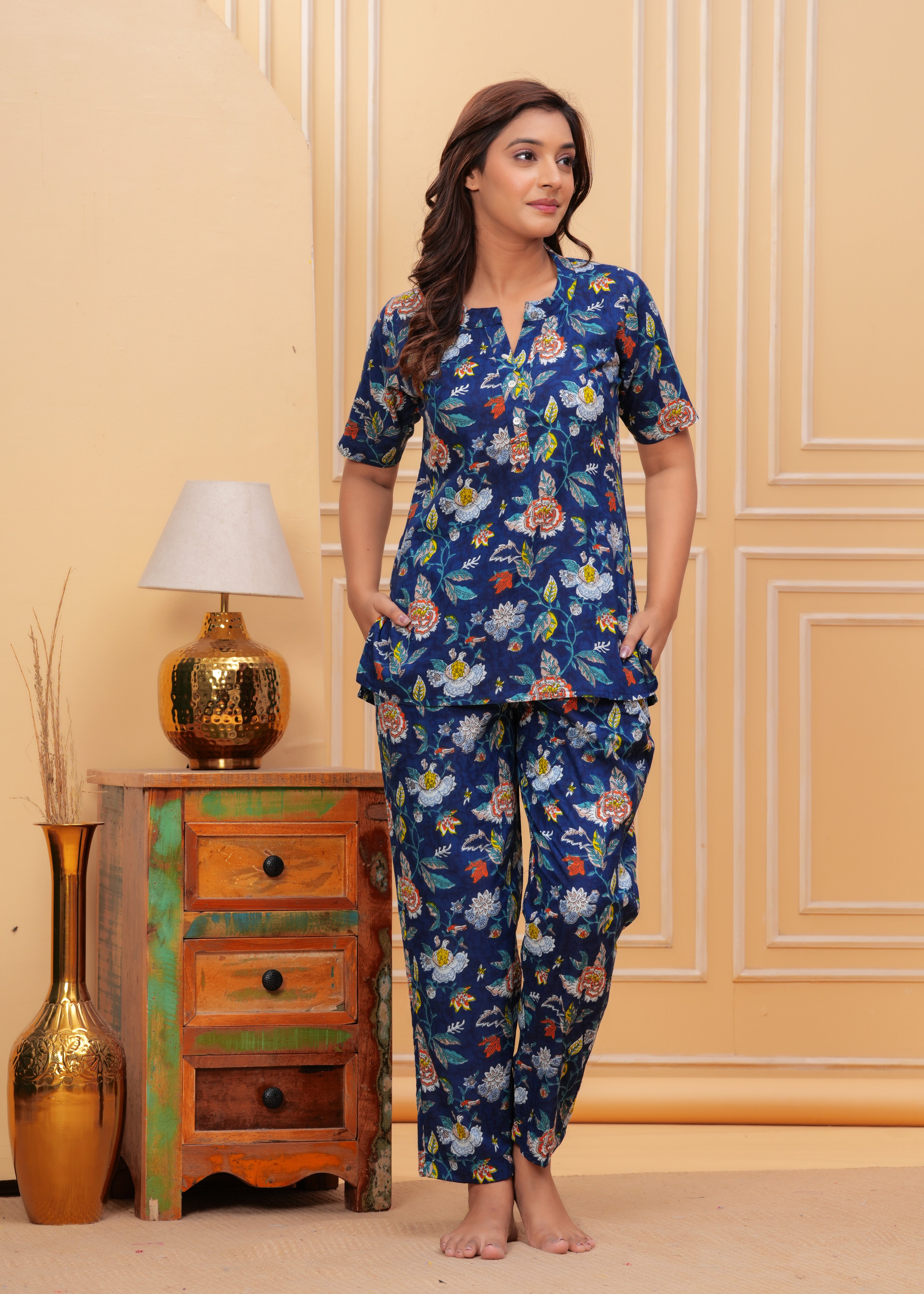 Women’s Blue Printed Cotton Nightwear Set