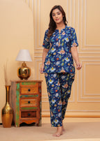 Women’s Blue Printed Cotton Nightwear Set