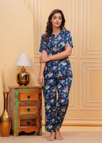 Women’s Blue Printed Cotton Nightwear Set