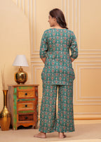 Elegant Green Ethnic Print Nightwear Set