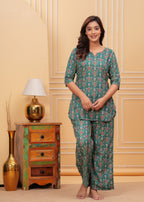 Elegant Green Ethnic Print Nightwear Set