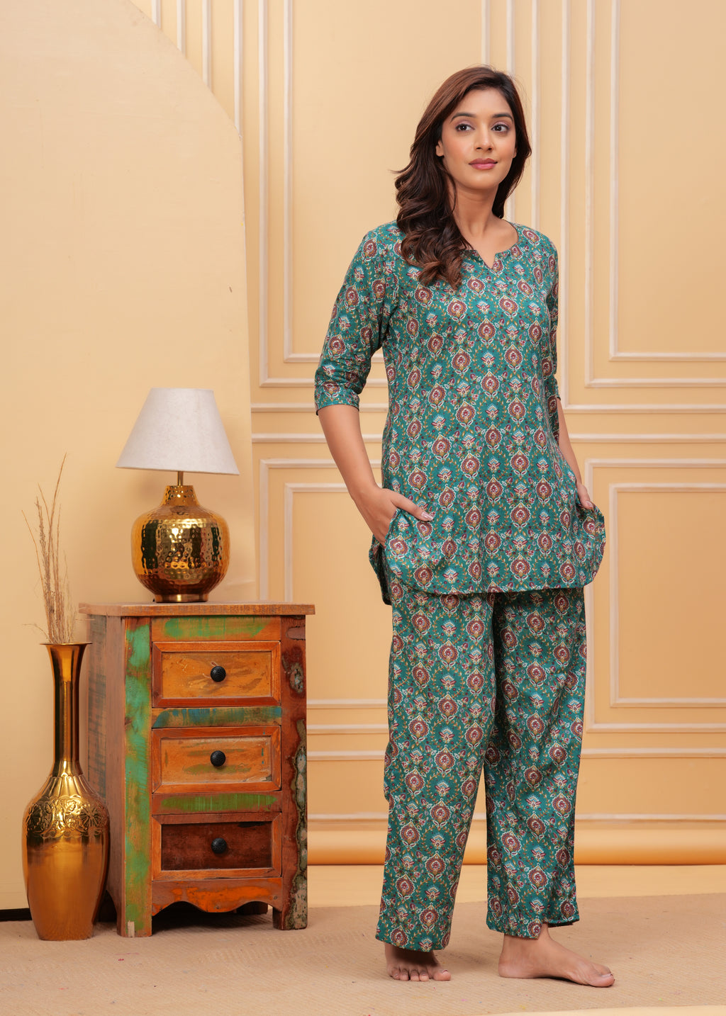Elegant Green Ethnic Print Nightwear Set
