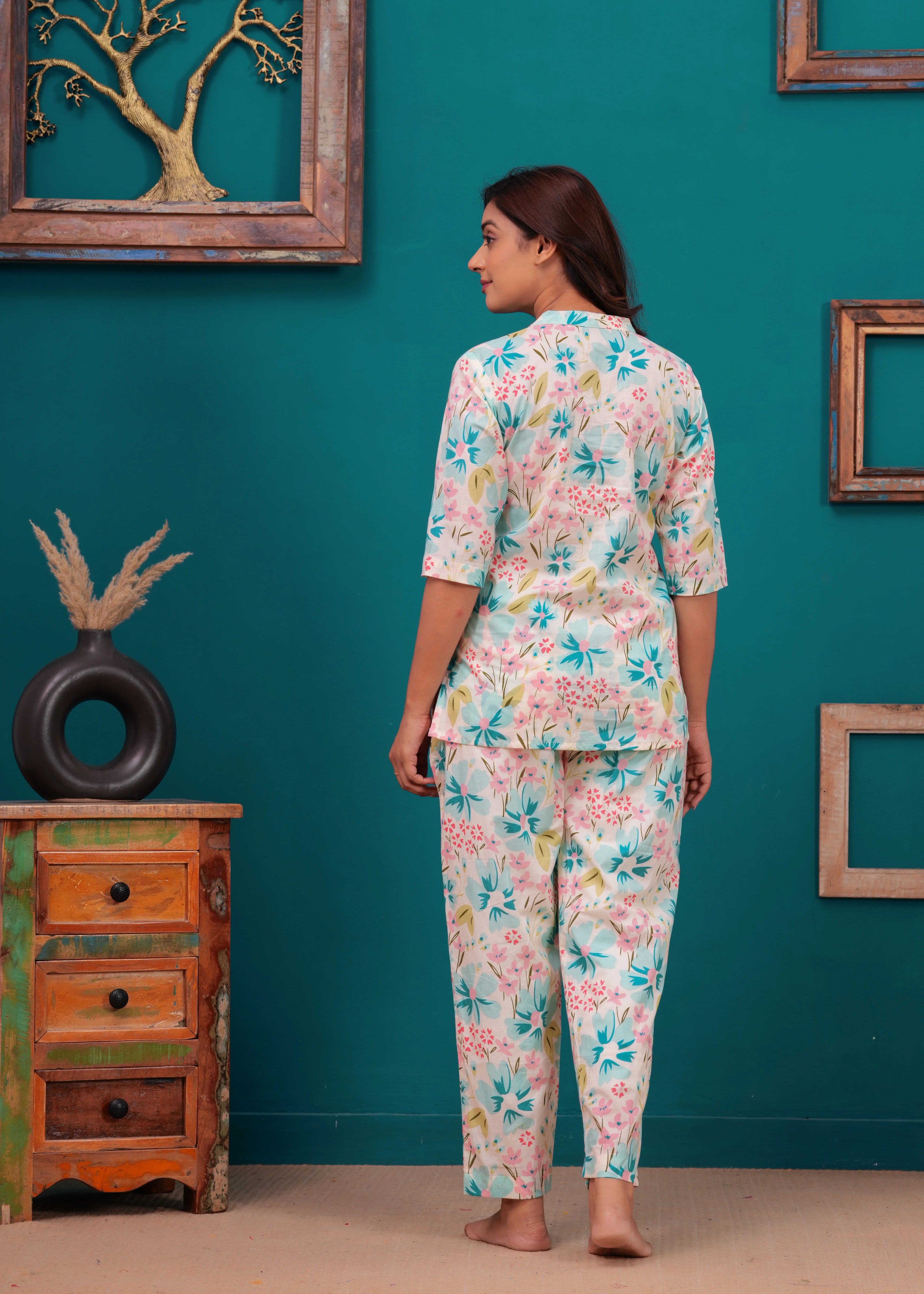 Elysian Bloom Soft Cotton Nightwear Set – Handcrafted Floral Elegance