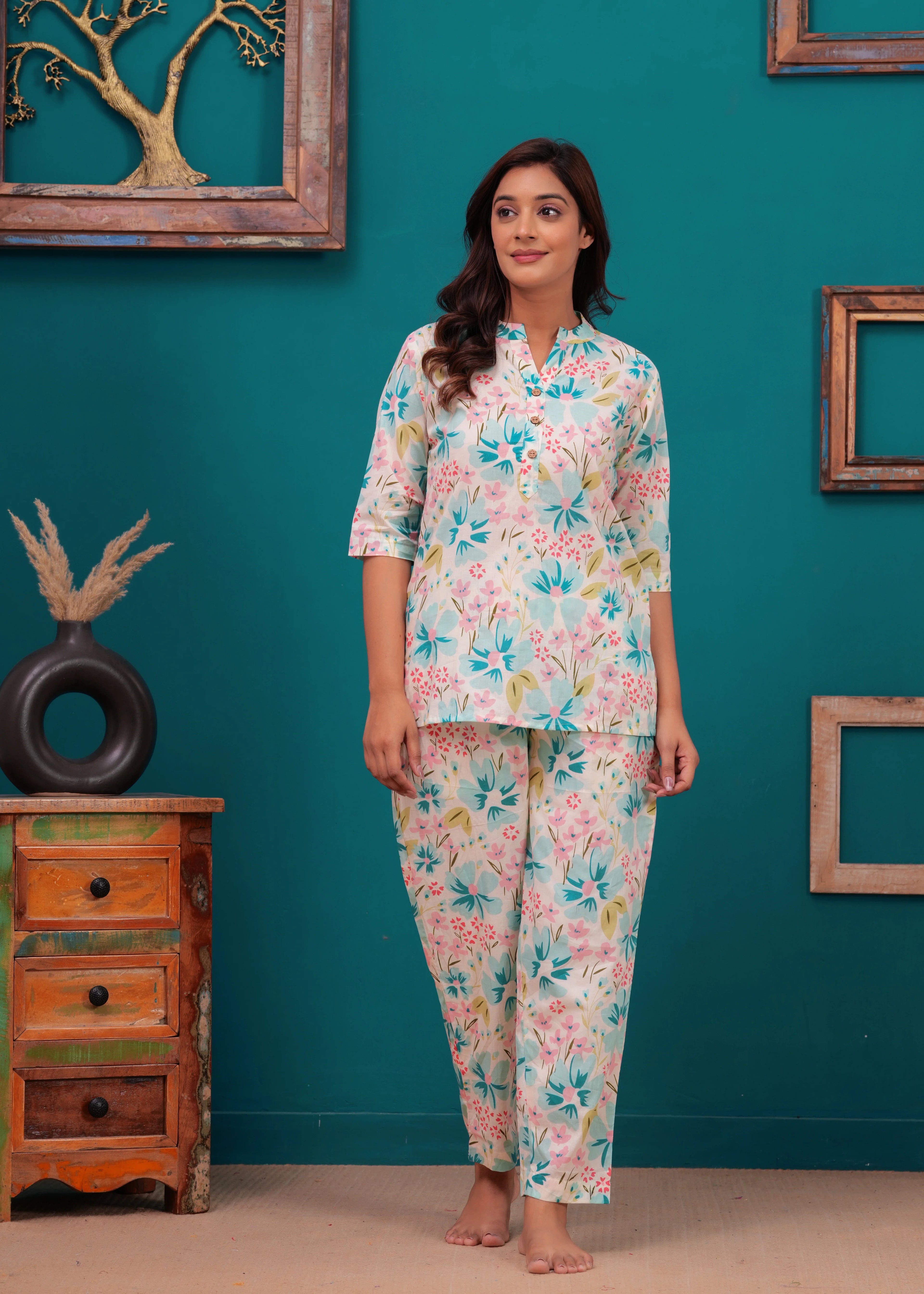 Elysian Bloom Soft Cotton Nightwear Set – Handcrafted Floral Elegance