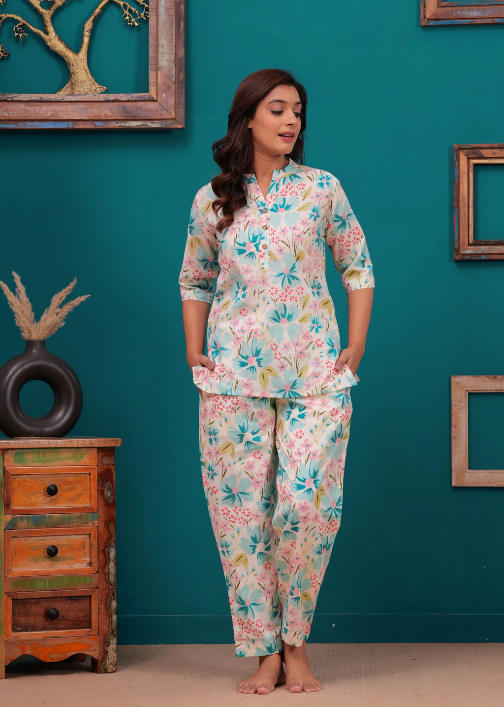 Elysian Bloom Soft Cotton Nightwear Set – Handcrafted Floral Elegance