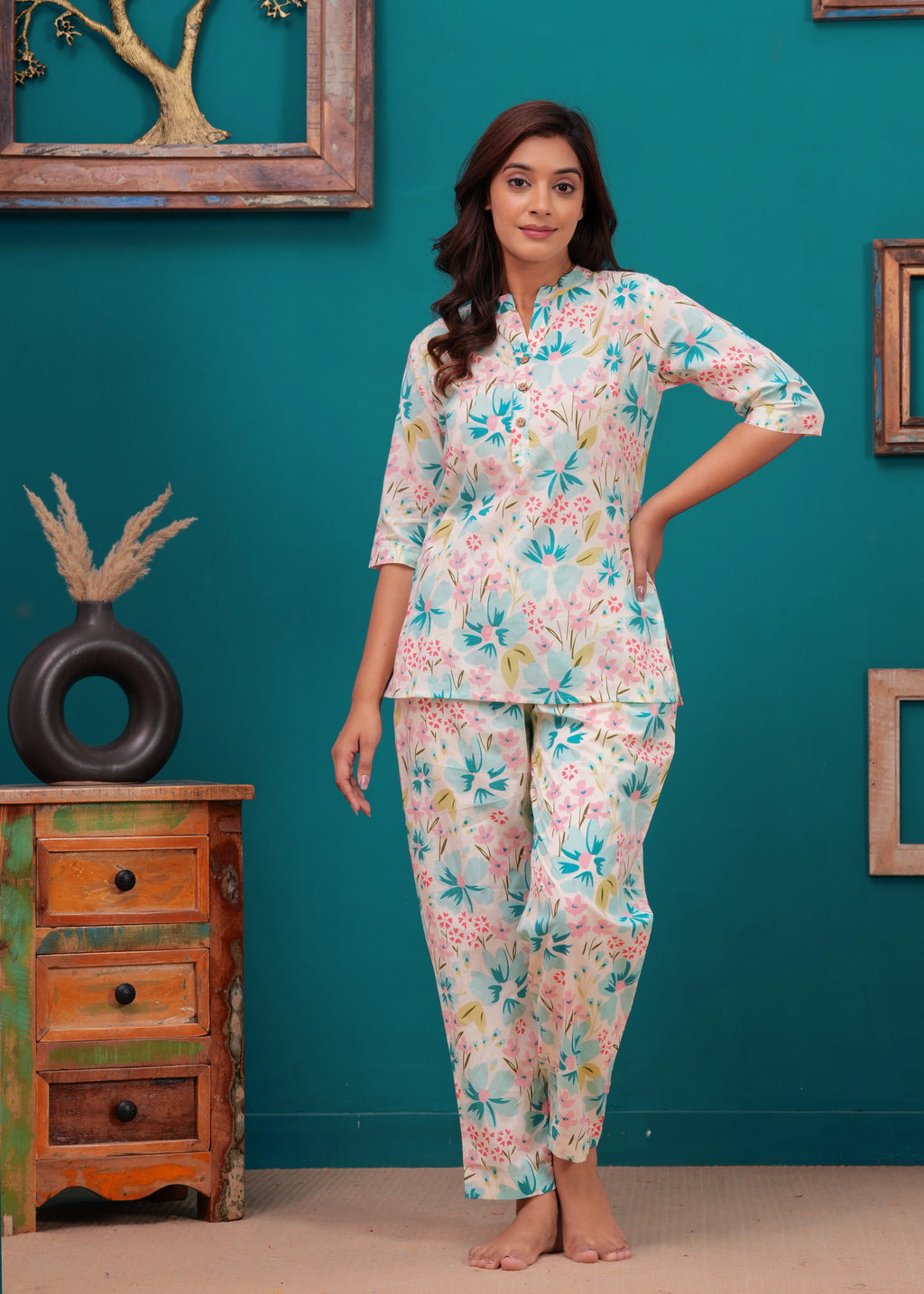 Elysian Bloom Soft Cotton Nightwear Set – Handcrafted Floral Elegance