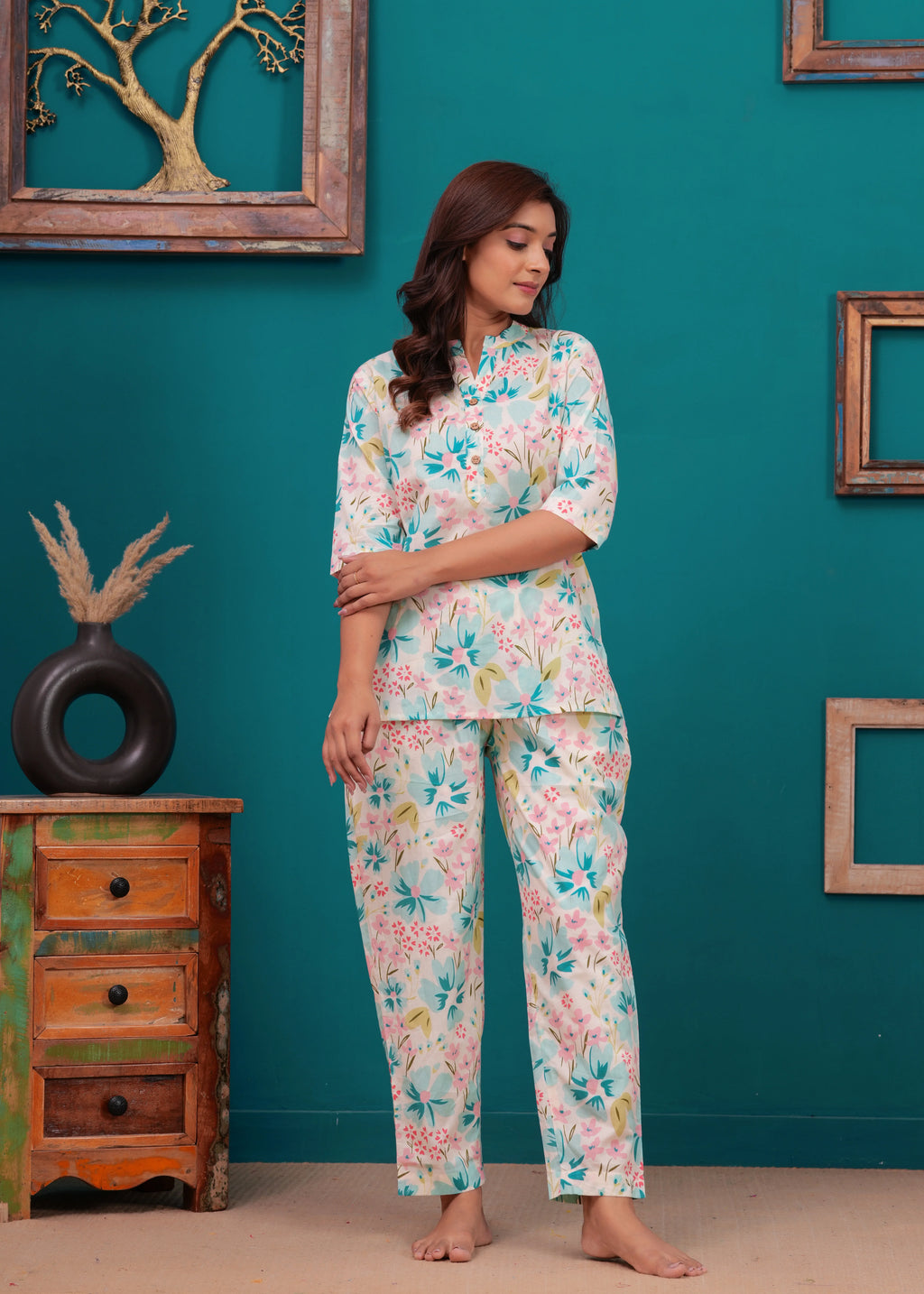 Elysian Bloom Soft Cotton Nightwear Set – Handcrafted Floral Elegance