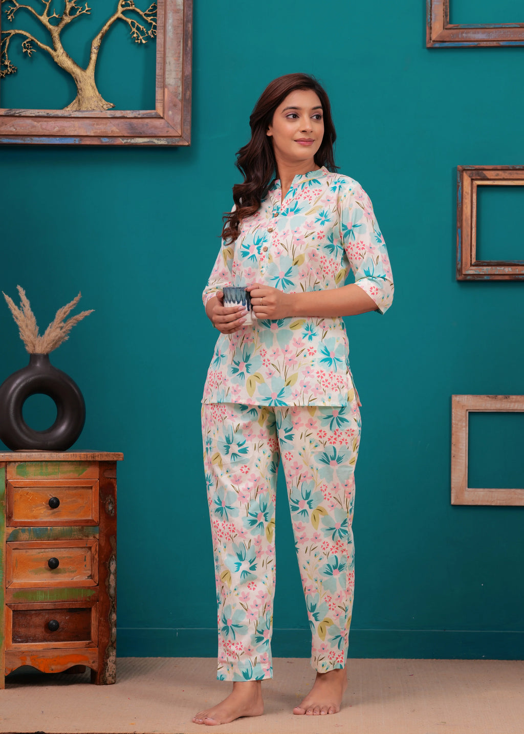 Elysian Bloom Soft Cotton Nightwear Set – Handcrafted Floral Elegance