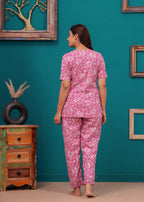 Elegant Pink Floral Cotton Night Suit
