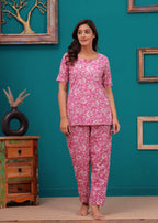 Elegant Pink Floral Cotton Night Suit