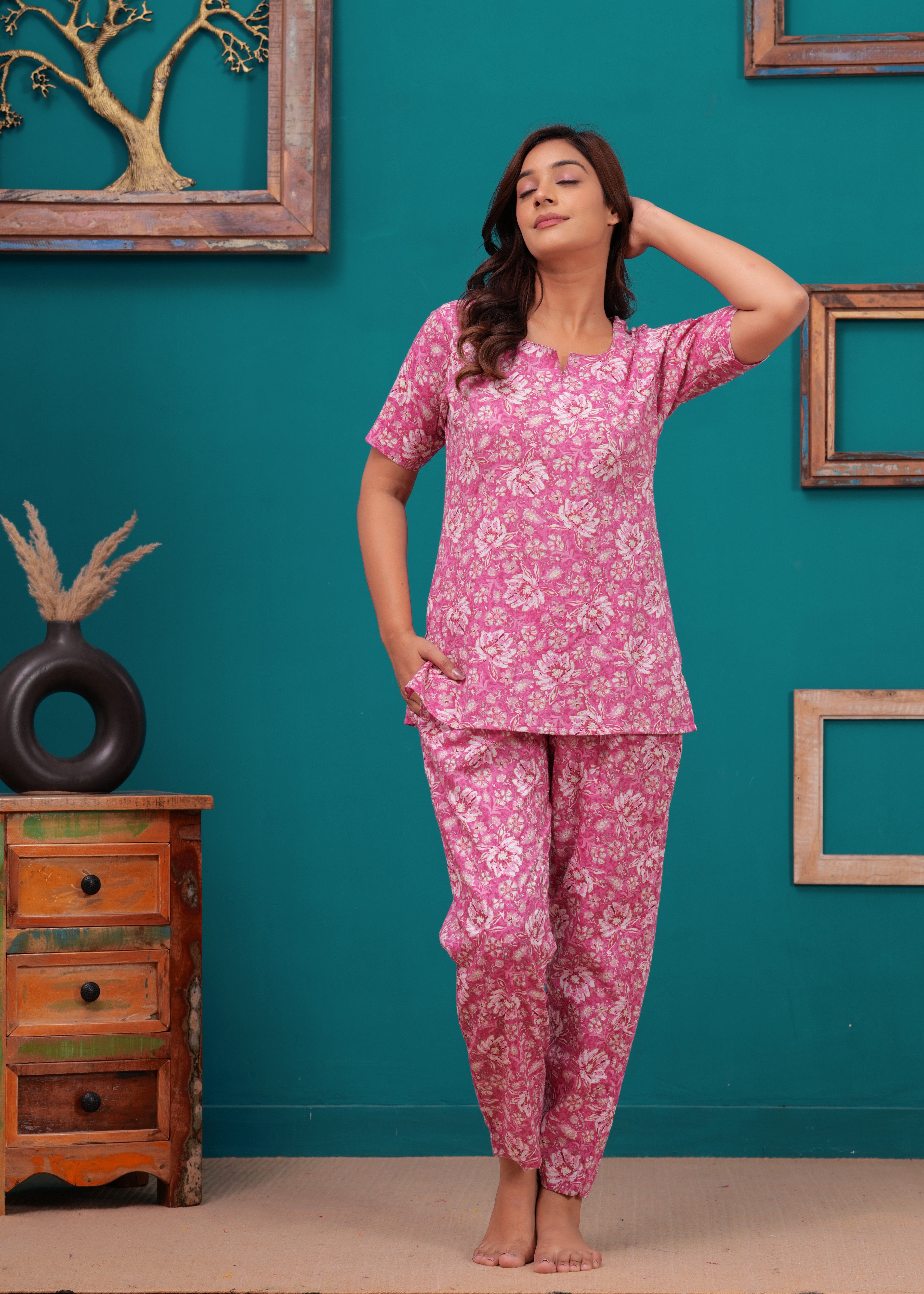 Elegant Pink Floral Cotton Night Suit