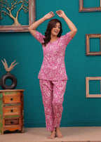 Elegant Pink Floral Cotton Night Suit