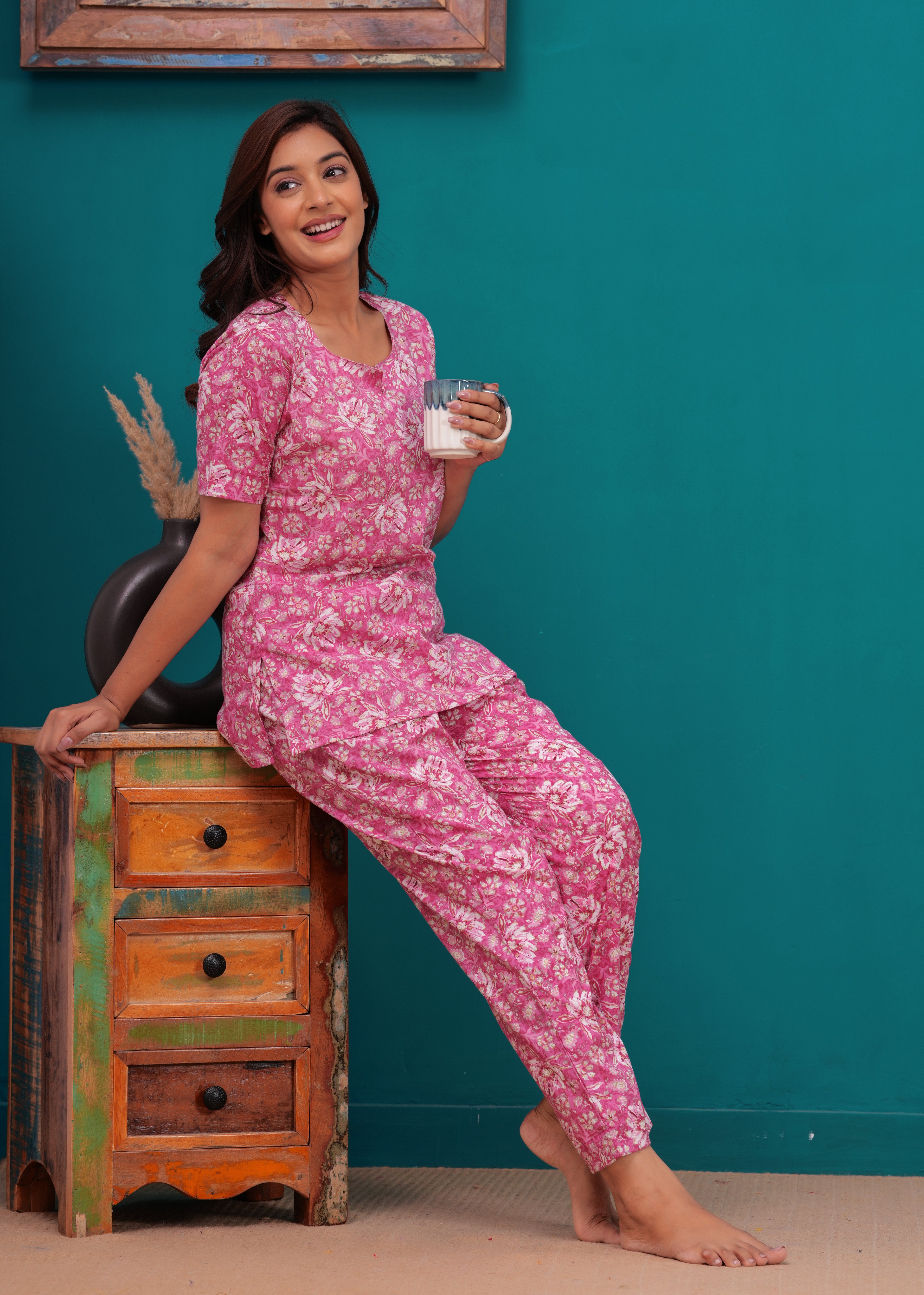 Elegant Pink Floral Cotton Night Suit