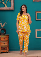 Yellow Floral Cotton Night Suit for Women