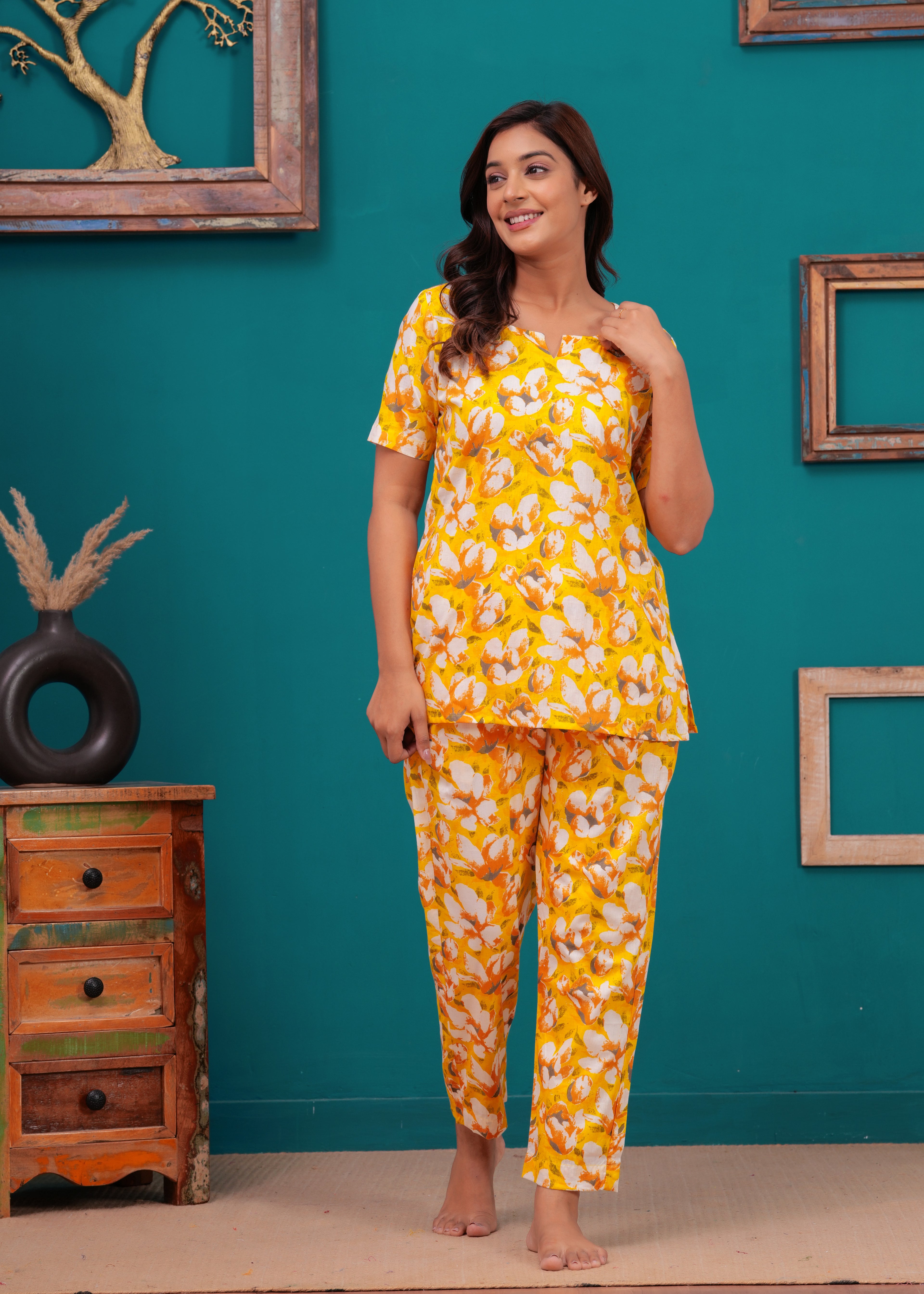 Yellow Floral Cotton Night Suit for Women
