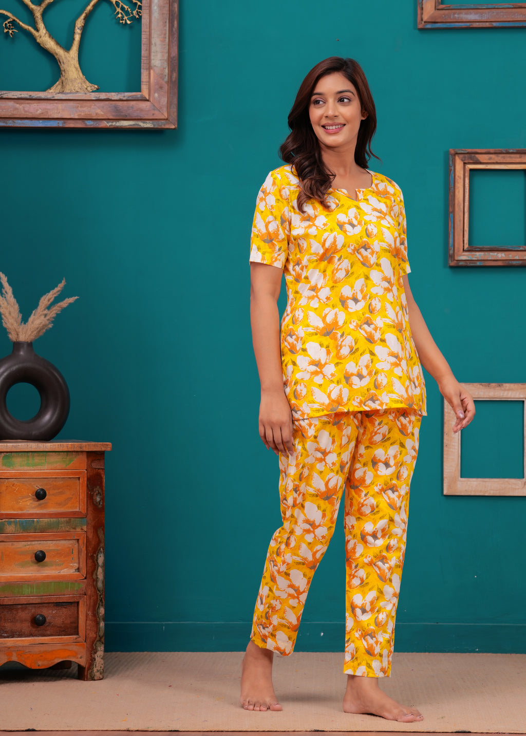 Yellow Floral Cotton Night Suit for Women