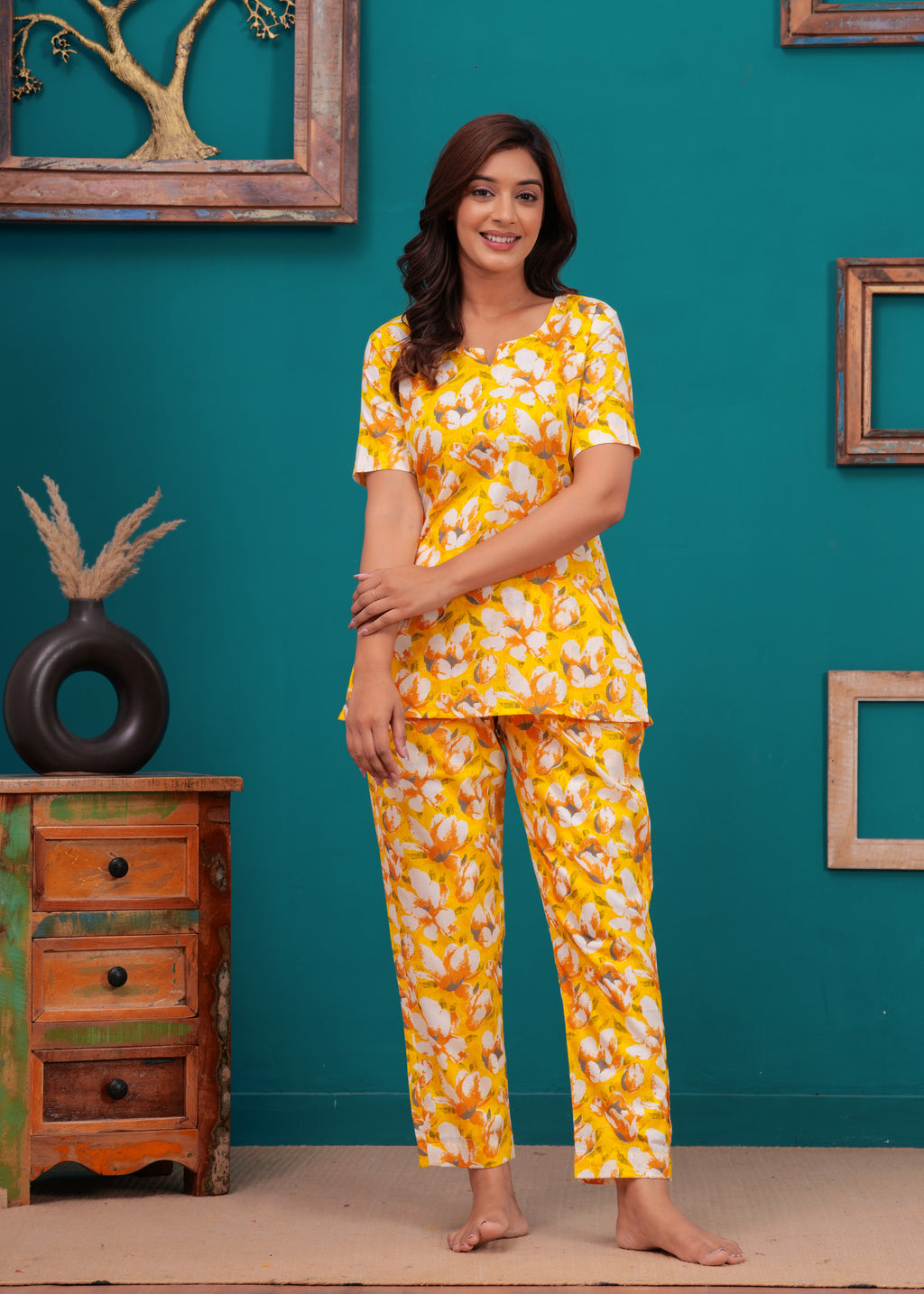 Yellow Floral Cotton Night Suit for Women