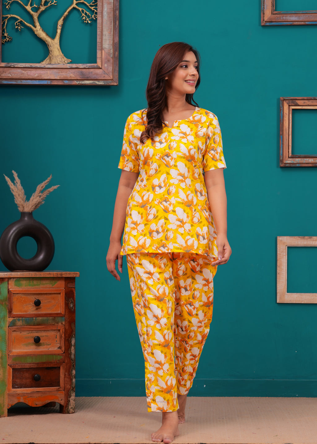 Yellow Floral Cotton Night Suit for Women