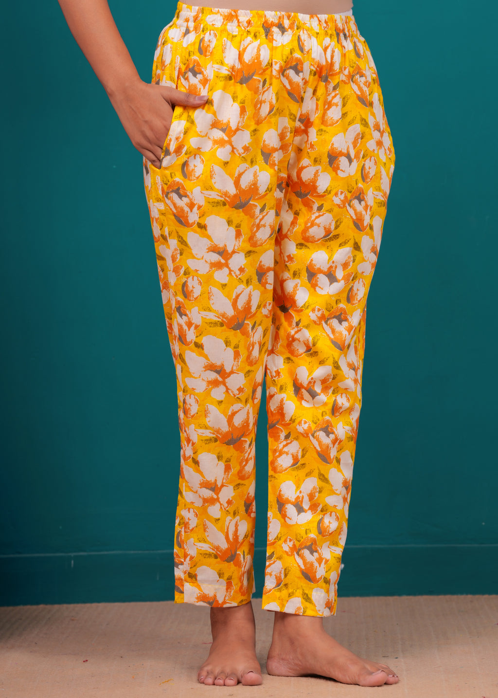 Yellow Floral Cotton Night Suit for Women
