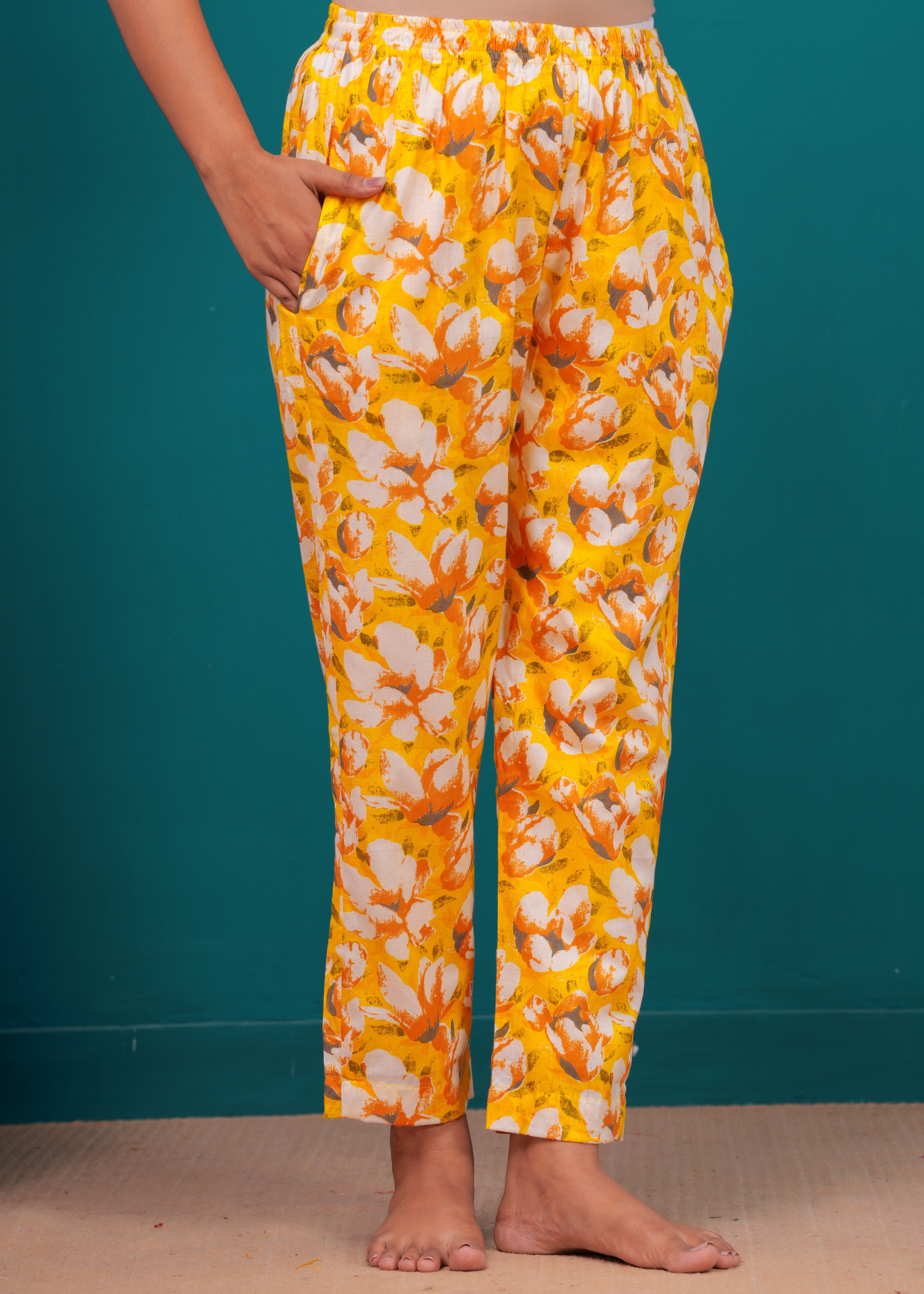Yellow Floral Cotton Night Suit for Women