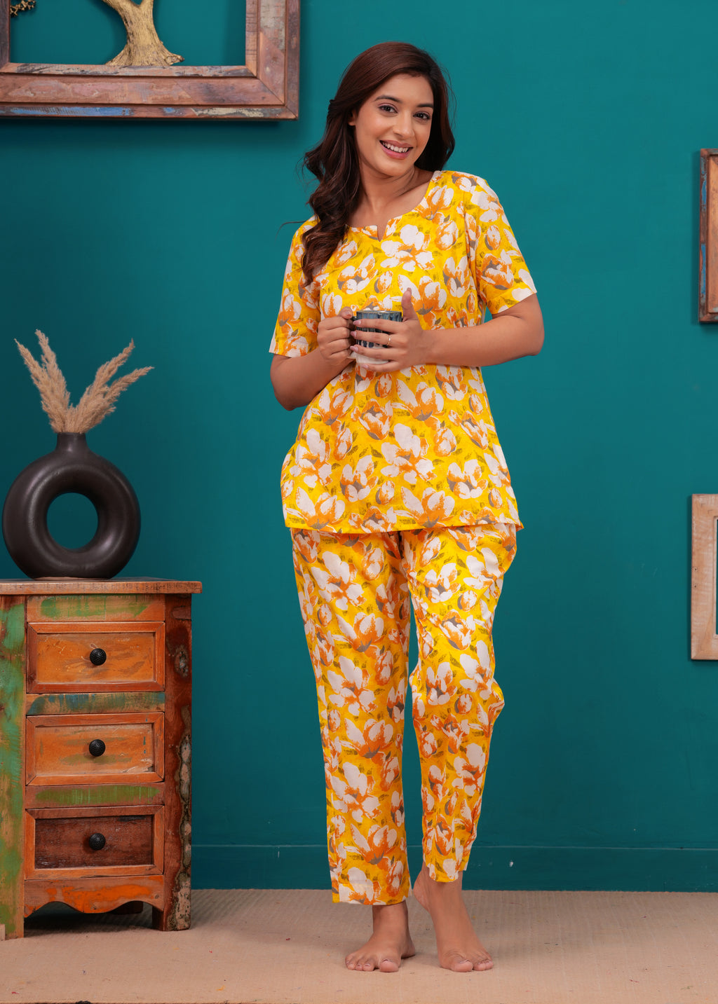 Yellow Floral Cotton Night Suit for Women