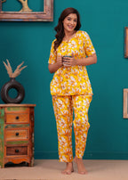 Yellow Floral Cotton Night Suit for Women