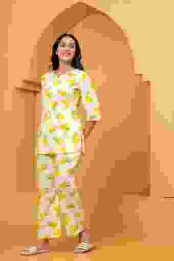 Clothycorp Yellow Floral Printed Co-Ord Night Suit for Women