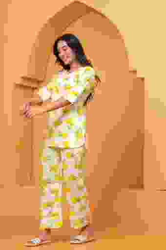 Clothycorp Yellow Floral Printed Co-Ord Night Suit for Women