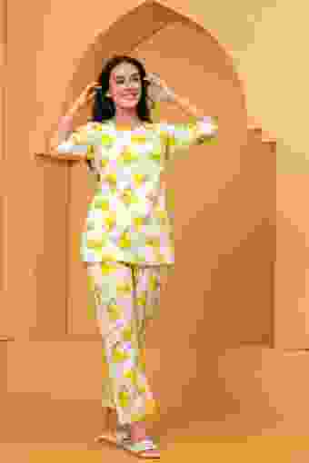 Clothycorp Yellow Floral Printed Co-Ord Night Suit for Women