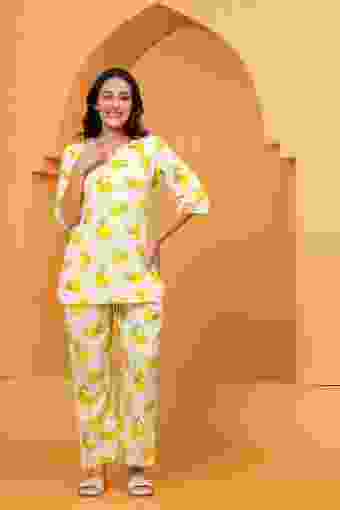 Clothycorp Yellow Floral Printed Co-Ord Night Suit for Women