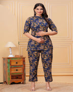 Navy Blue Floral Cotton Maternity Co-Ord Set | Feeding Friendly Nightwear