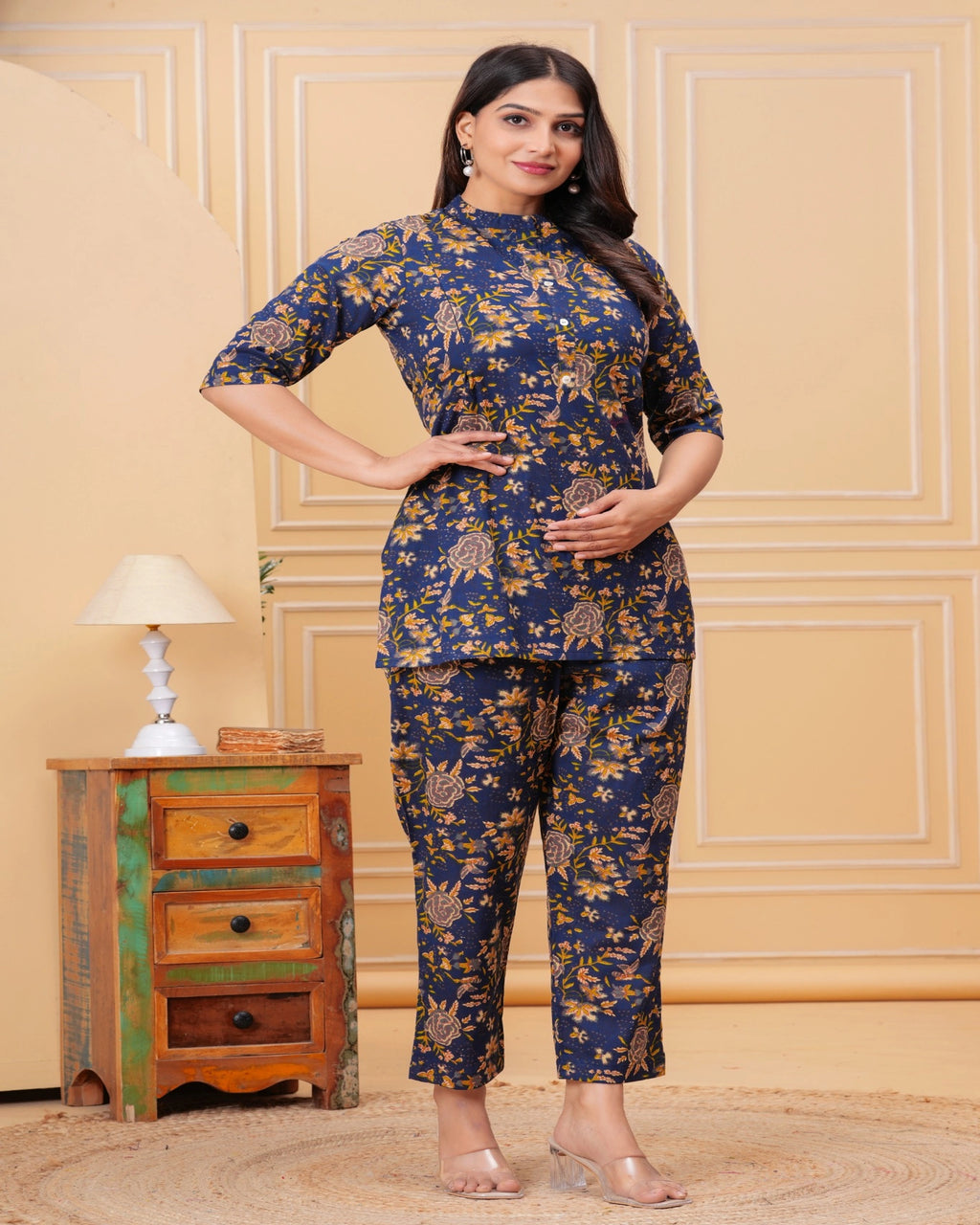 Navy Blue Floral Cotton Maternity Co-Ord Set | Feeding Friendly Nightwear