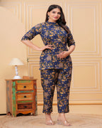 Navy Blue Floral Cotton Maternity Co-Ord Set | Feeding Friendly Nightwear