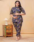 Navy Blue Floral Cotton Maternity Co-Ord Set | Feeding Friendly Nightwear