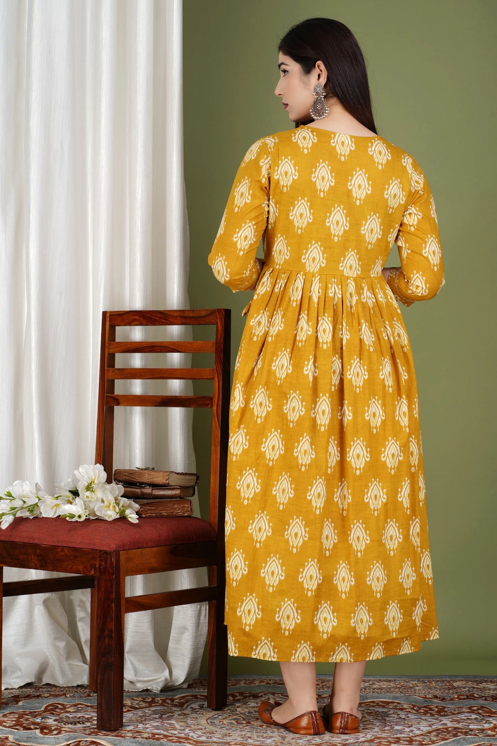 Mustard Ikat Cotton Maternity & Nursing Midi Dress
