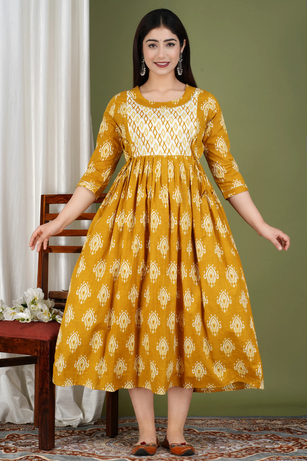 Mustard Ikat Cotton Maternity & Nursing Midi Dress